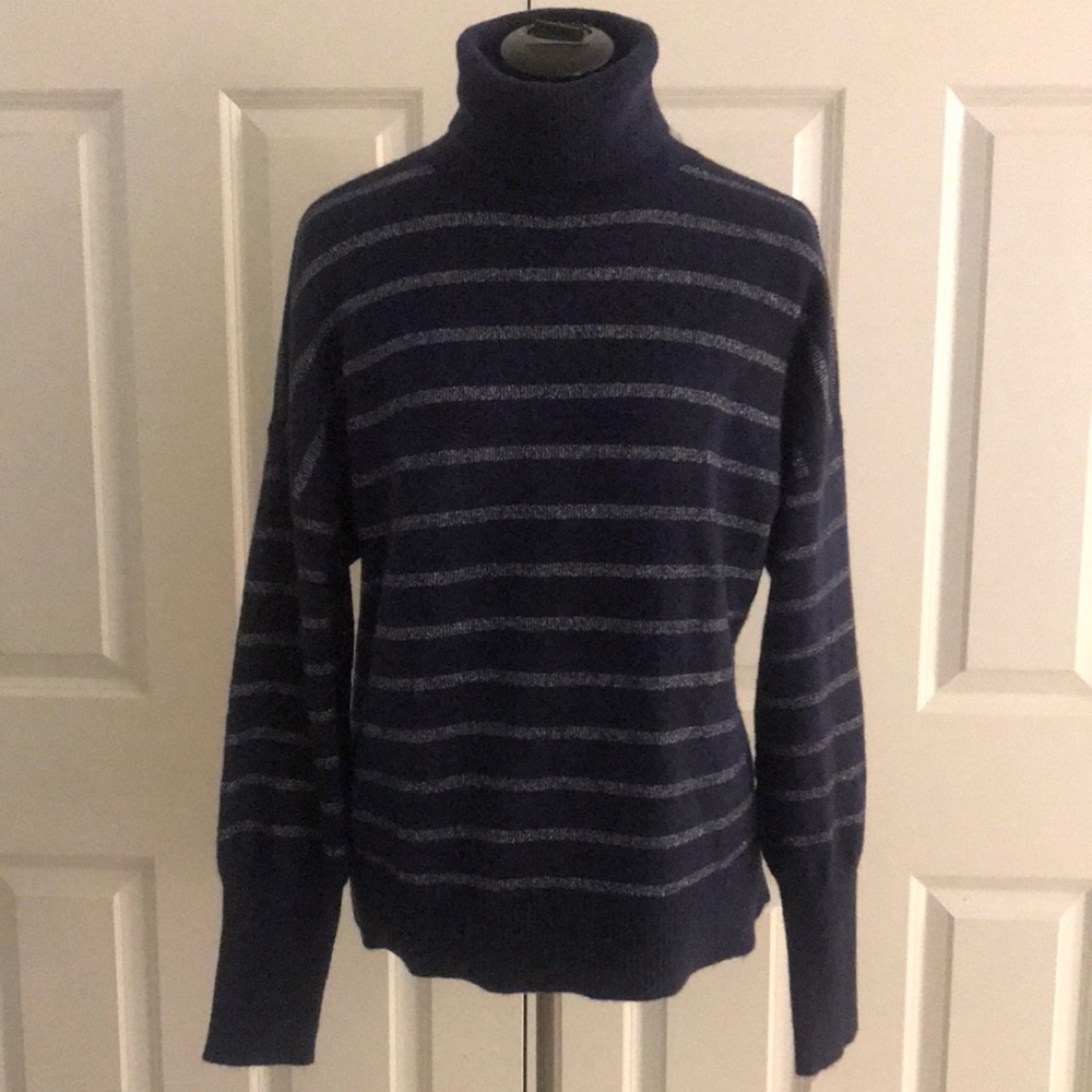 Ann Taylor Loft Navy Blue Silver Metallic Striped Turtleneck Sweater Size Large